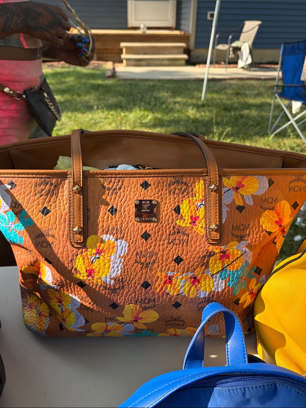 Authentic MCM Cognac Floral Visetos Tote with Yellow & Blue Accents